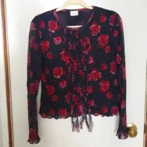 Black/Rose Rose Print Sheer Blouse w/ Ruffle Details